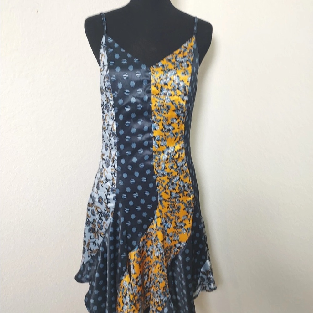 Lea & Viola Navy, Yellow and Light Blue Asymmetrical Slip Dress